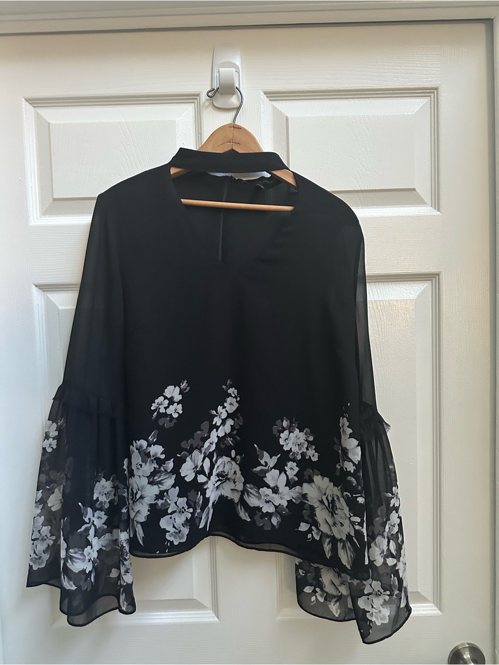 White House Black Market Black Sheer Floral Bell-Sleeve Blouse